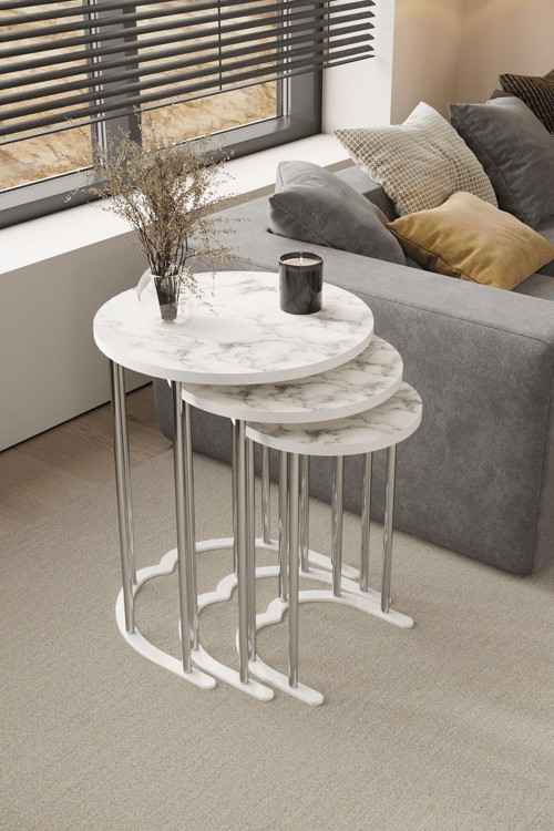 3' Lü Zigon Sehpa Gümüş Ayak Beyaz Mermer Desen 18 Mm Mdf