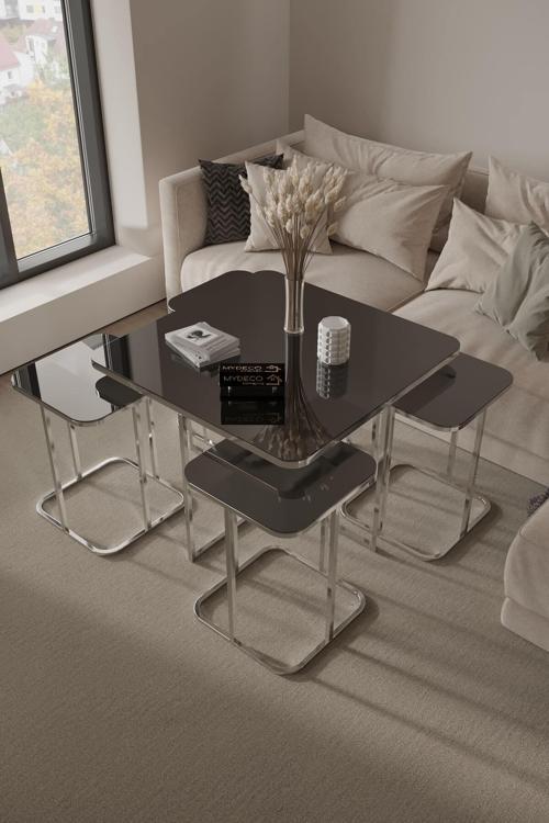 5'Li Radüslü Gümüş Kaplama Füme Aynalı Orta Sehpa & Zigon Sehpa & Yan Sehpa & Bohem Sehpa Takımı