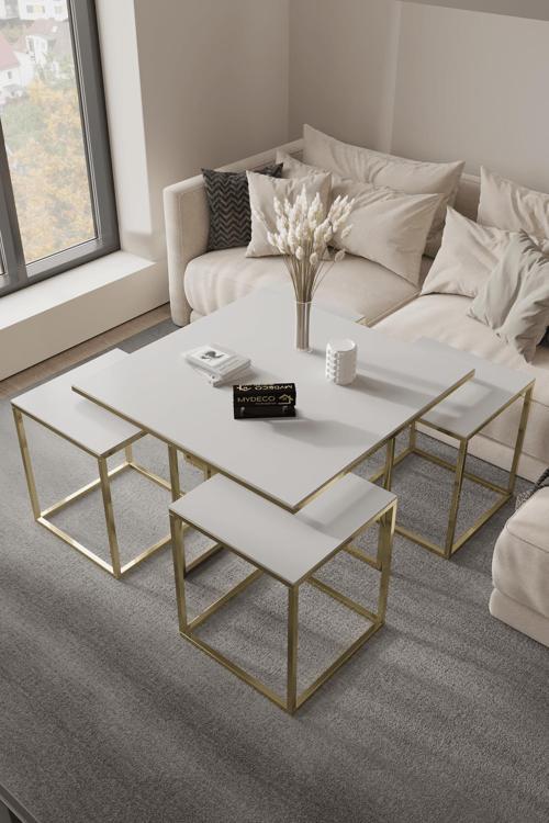 Ottawa 5'Li Gold Beyaz 12 Mm Parlak Mdf Orta Sehpa & Zigon Sehpa & Yan Sehpa & Bohem Sehpa Takımı