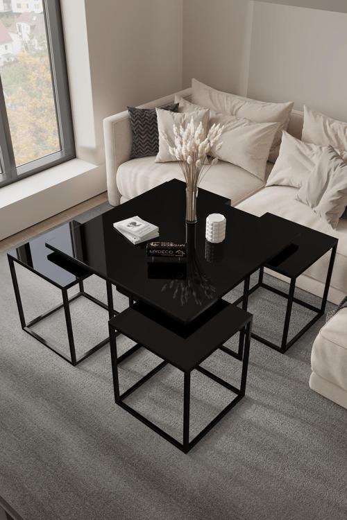 Bangui 5'Li Siyah İskelet Siyah Ayna Orta Sehpa & Zigon Sehpa & Yan Sehpa & Bohem Sehpa Takımı