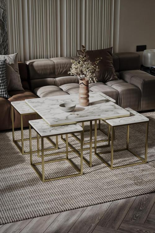 Brasilia 5'Li Gold Kaplama Beyaz Mermer Orta Sehpa & Zigon Sehpa & Yan Sehpa & Bohem Sehpa Takımı