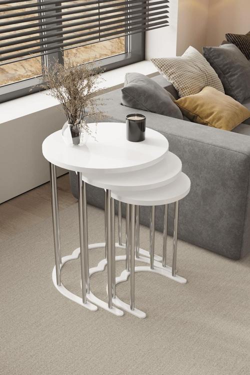 3' Lü Zigon Sehpa Gümüş Ayak Beyaz 18 Mm Mdf