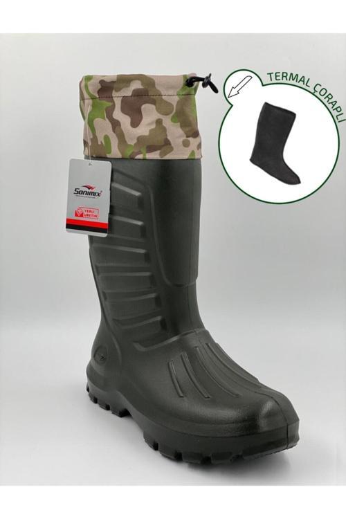 Sonimix Eva Kauçuk -30°C'Ye Dayanıklı Yaz/Kış Çıkartılabilir Termal Çoraplı Konçlu Çizme Haki