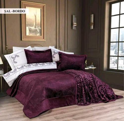 10 Parça Çeyiz Seti (Battaniye+Nevresim Takımı+Yatak Örtüsü)-Şal Bordo
