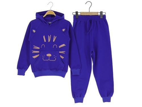 ASLAN BASKILI KAPÜŞONLU İKİ İPLİK ŞARDONLU EŞOFMAN TAKIM - ATABAY - ATA30682.0 - Saks - 5 Yaş - ATA30682.0-Saks-5 Yaş Saks