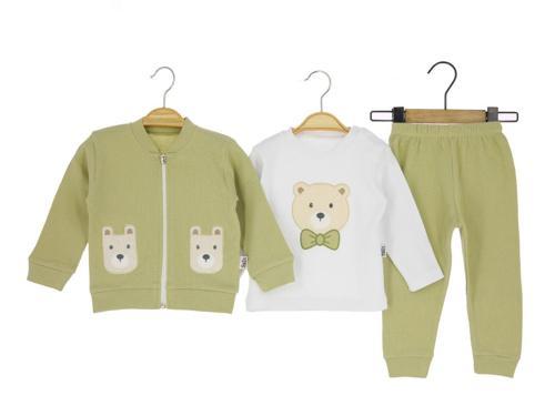 WAFFLE KUMAŞ AYI NAKIŞLI HIRKALI ÜÇLÜ ALT ÜST TAKIM - Zeytin Yeşili - 6 Ay - SLL7011-Zeytin Yeşili-6 Ay Zeytin Yeşili