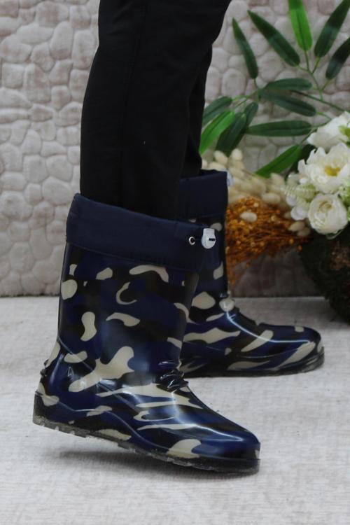 7061 Lacivert Kamuflaj İçi Peluşlu Su Geçirmez Erkek Çocuk Kar Yağmur Çizmesi