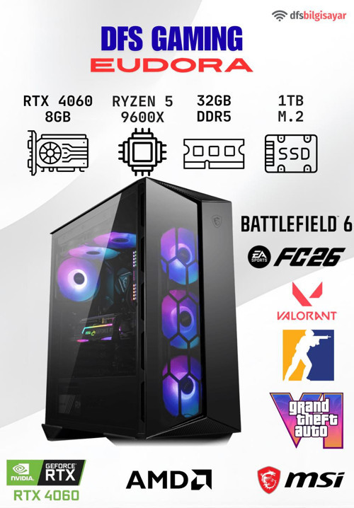 DFS GAMING EUDORA RYZEN 5 9600X-B650M-RTX 4060-32GB DDR5 RAM-1TB M.2 SSD-OYUNCU BİLGİSAYARI