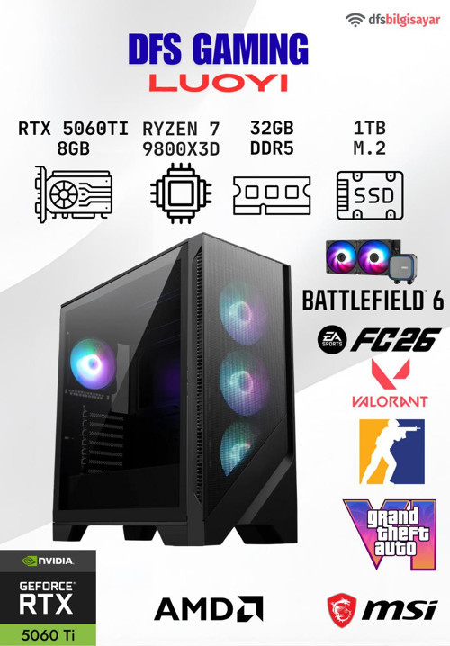 DFS GAMING LUOYI RYZEN 7 9800X3D-B650M-RTX 5060 TI 8GB-32GB DDR5 RAM-1TB M.2 SSD-OYUNCU BİLGİSAYARI