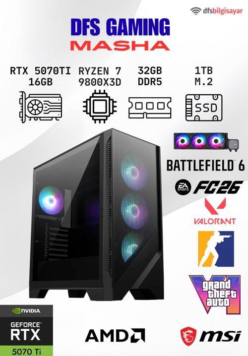 DFS GAMING MASHA RYZEN 7 9800X3D-B650M-RTX 5070 TI 16GB-32GB DDR5 RAM-1TB M.2 SSD-OYUNCU BİLGİSAYARI