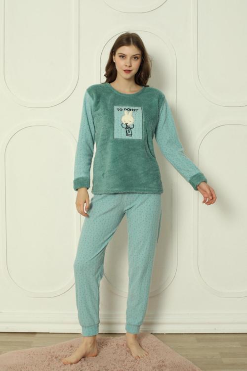 Fwn 3300 Peluş Welsoft Polar Kışlık Sevimli Tavşanlı Kadın Pijama Takımı