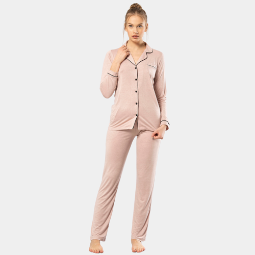 Düz Uzun Kollu Gömlek Yaka Pijama Takım 3365/Pudra