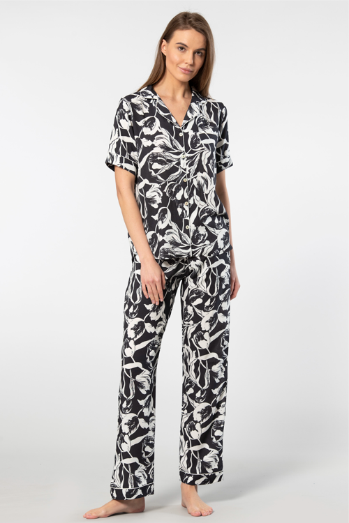 Kadın Desenli Kısa Kol Dokuma Pijama Takımı 3604/Siyah2