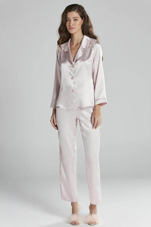 Kadın Sırtı Dantel Saten Pijama Takımı 1438 Pudra