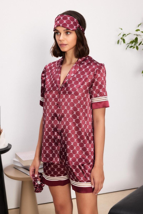 Bordo Saten Biyeli Kadın Pijama Şort Takımı 1325