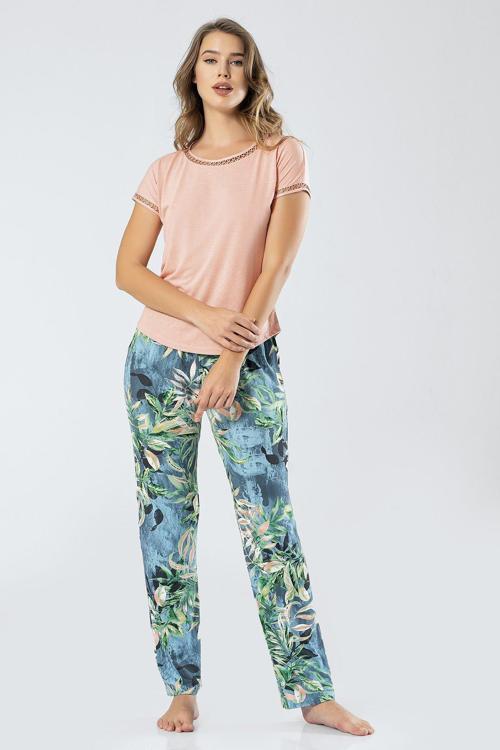 Yapraklı Kısa Kollu Pijama Takım 3357/Petrol