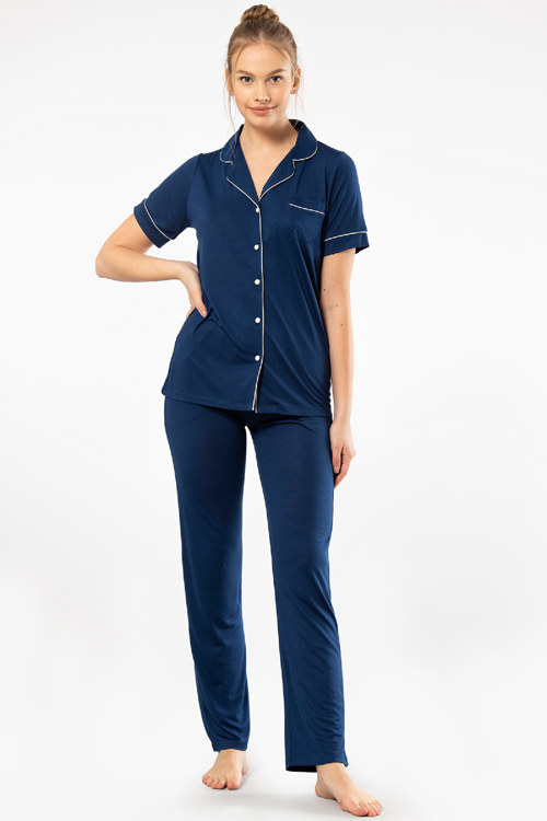 Düz Kısa Kollu Gömlek Yaka Pijama Takım 3368/Lacivert