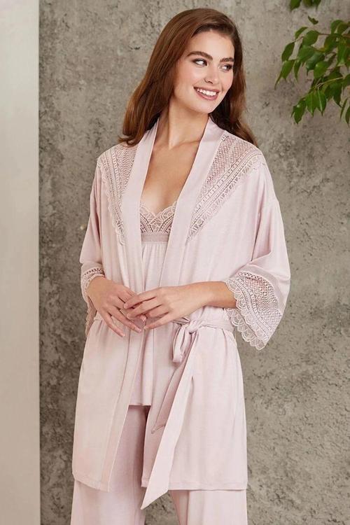 2820 Kadın Pudra Dantelli Penye 3'lü Sabahlıklı Pijama Takım