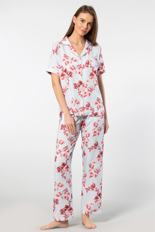 Kadın Desenli Kısa Kol Dokuma Pijama Takımı 3604/Mavi