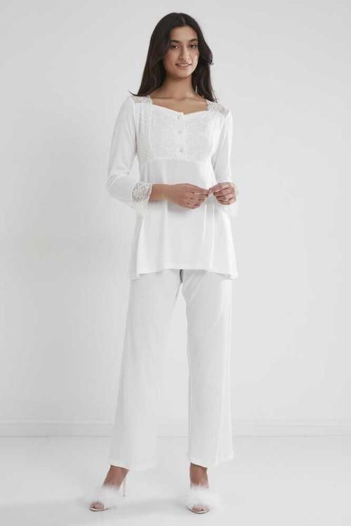 Kadın Penye Dantelli Pijama Takımı 1241 Ekru