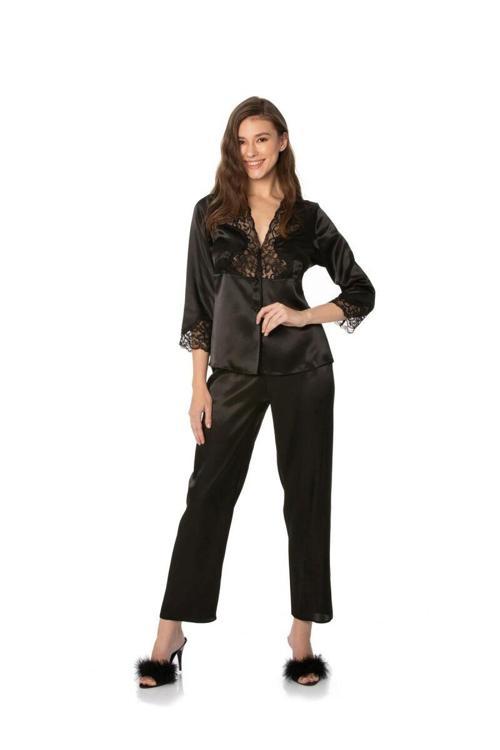 Saten Dantelli Kadın Pijama Takımı - 1110 Siyah