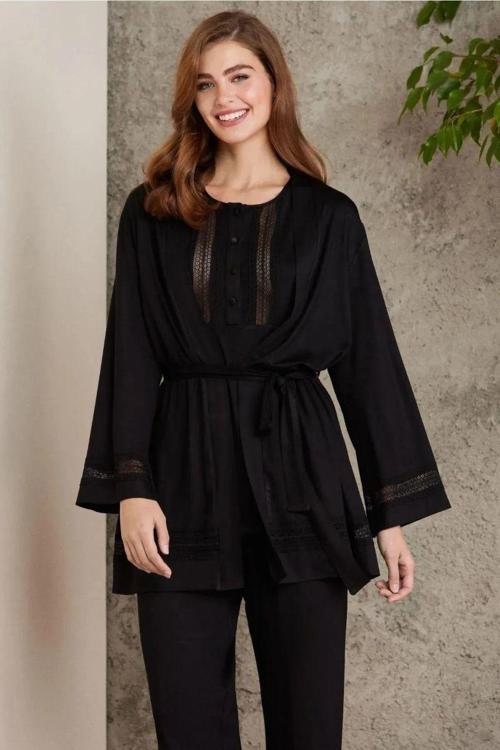 2800 Kadın Siyah Dantelli Penye 3'lü Sabahlıklı Pijama Takım