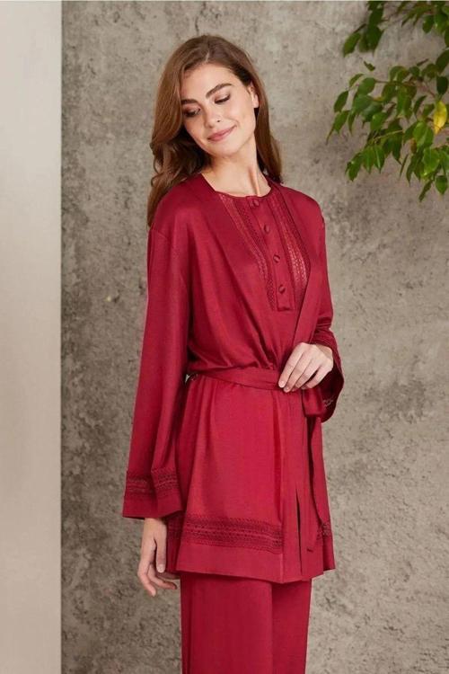 2800 Kadın Bordo Dantelli Penye 3'lü Sabahlıklı Pijama Takım