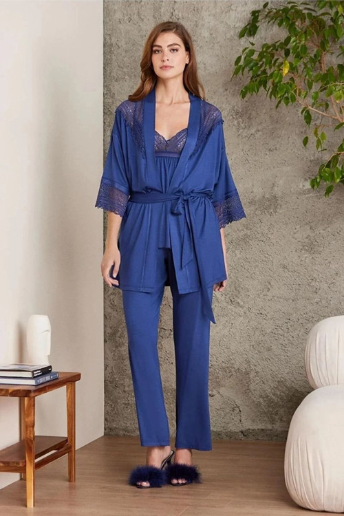 2820 Kadın Lacivert Dantelli Penye 3'lü Sabahlıklı Pijama Takım