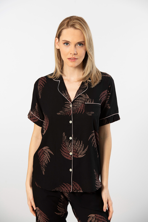 Kadın Desenli Kısa Kol Dokuma Pijama Takımı 3604/Siyah