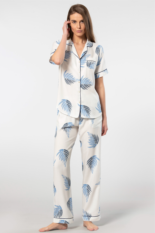 Kadın 3604/Ekru Desenli Kısa Kol Dokuma Pijama Takımı