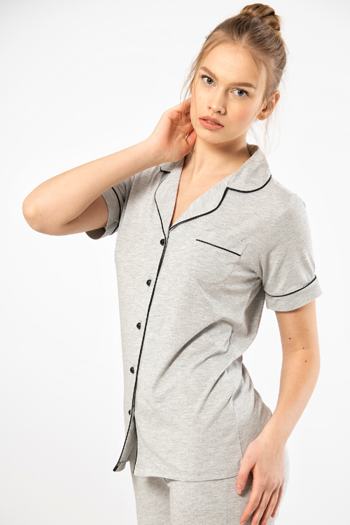 Düz Kısa Kollu Gömlek Yaka Pijama Takım 3368/Gri