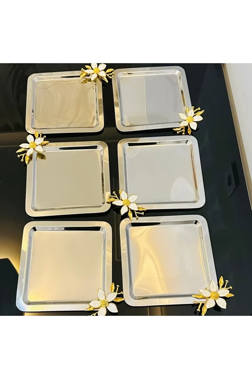 6 lı papatya aksesuarlı paslanmaz çelik kare kahve sunum tepsisi