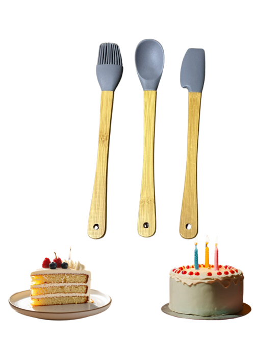 3'Lü Gri Bambu Silikon Spatula Seti