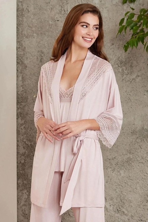 2820 Kadın Pudra Dantelli Penye 3'lü Sabahlıklı Pijama Takım