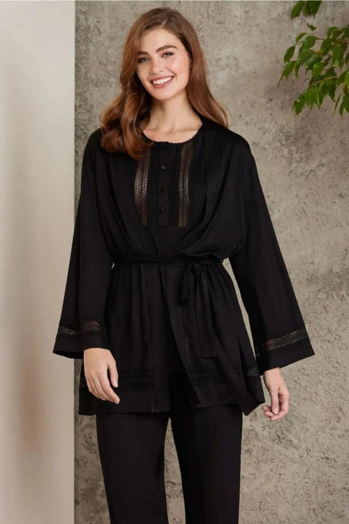 2800 Kadın Siyah Dantelli Penye 3'lü Sabahlıklı Pijama Takım