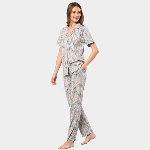 Yaprak Desenli Kısa Kollu Gömlek Yaka Pijama Takımı 3395/Gri