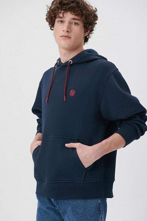 Erkek Logo Nakışlı Kapüşonlu Sweatshirt M065809 Lacivert