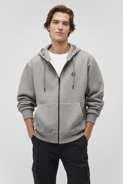 Erkek Logolu Kapüşonlu Fermuarlı Sweatshirt M066979 Gri Melanj