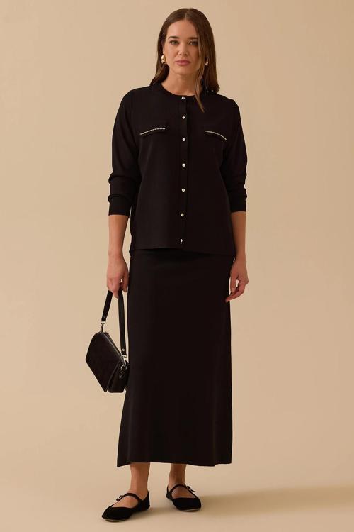 Kadın Yuvarlak Yaka Düğmeli Triko Hırka 1012 Siyah