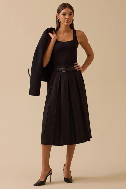 Kadın Kemerli Pile Detaylı Midi Etek 0003 Siyah