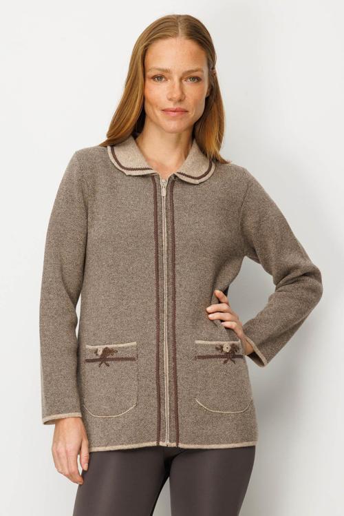 Kadın Polo Yaka Cebi Nakış İşlemeli Yün Hırka 25032 K. Bej