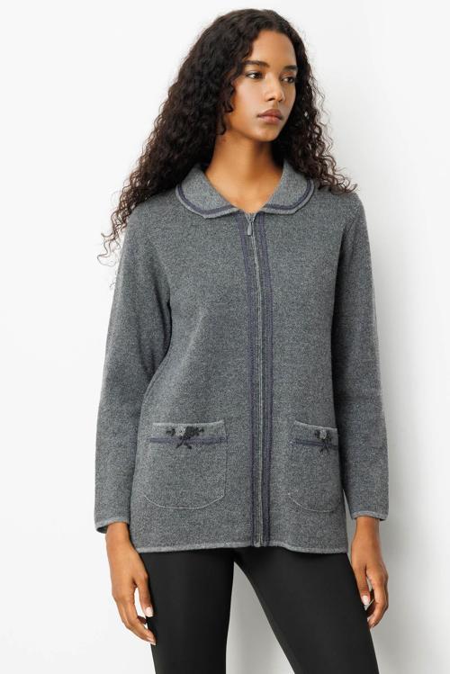 Kadın Polo Yaka Cebi Nakış İşlemeli Yün Hırka 25032 Füme