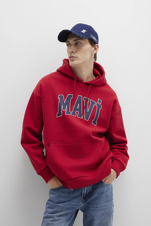 Erkek Logo Baskılı Kapüşonlu Sweatshirt M067149 Kırmızı