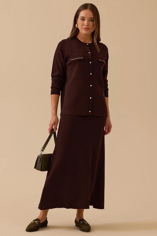 Kadın Yuvarlak Yaka Düğmeli Triko Hırka 1012 Kahverengi