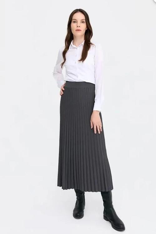 Kadın Pileli Triko Etek 1321 Antrasit