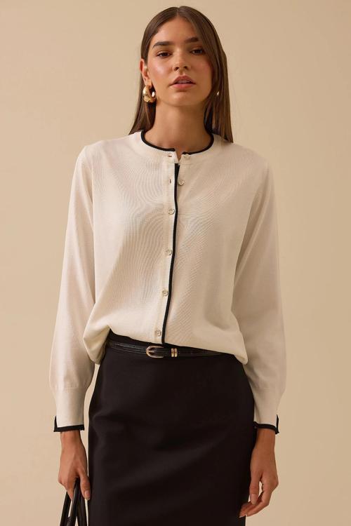 Kadın Biye Detaylı Düğmeli Triko Hırka 0037 Ekru