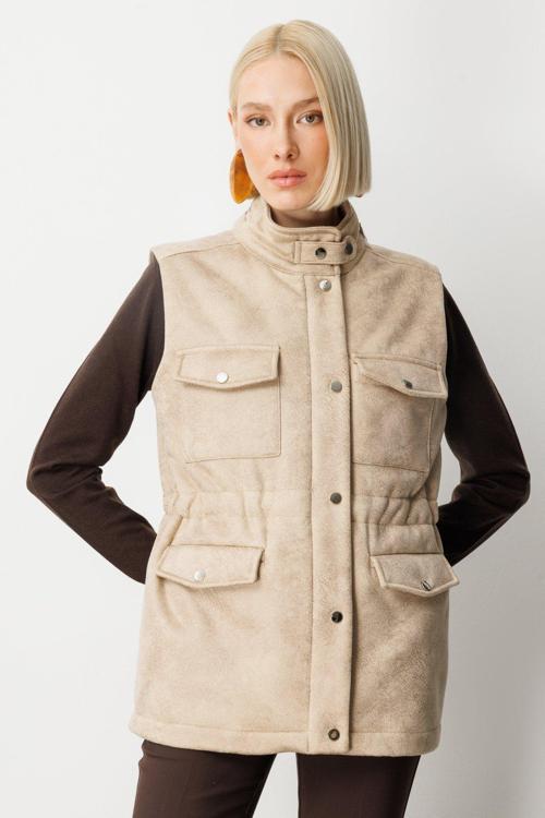 Kadın Peluş Astarlı Kapak Cepli Yelek 8503 Kum