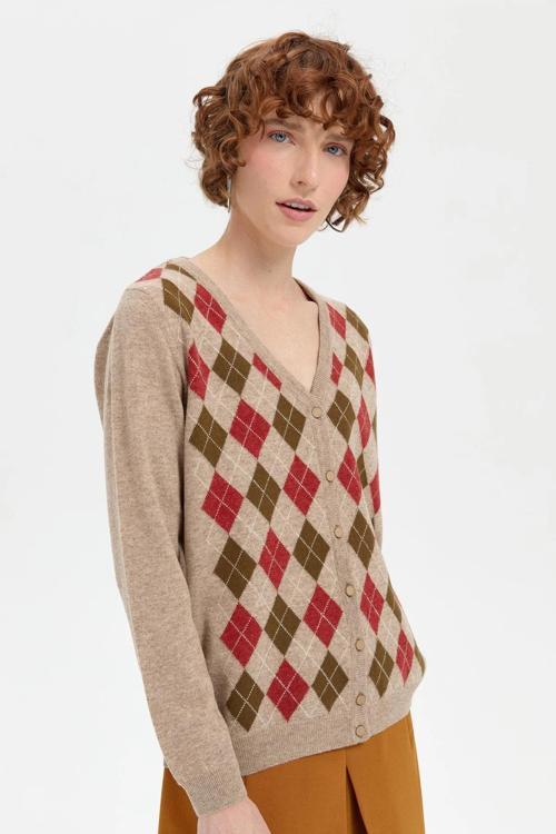 Kadın V Yaka Önü Baklavalı Hırka 24040 K. Bej