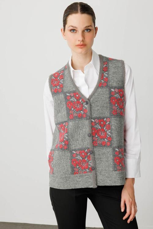 Kadın Pıtırcık Çiçekli Patchwork Keçe Yün Yelek 24084 Y.Füme-Y.Ş Pembe