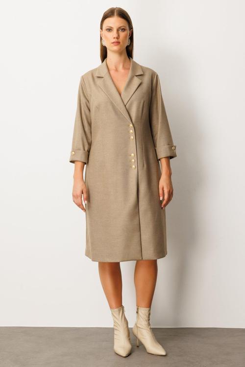 Kadın Büyük Beden Kruvaze Yaka Midi Elbise 4509 Gold